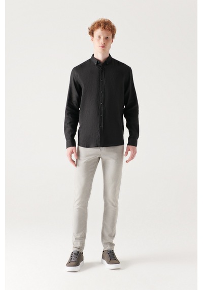 Avva Erkek Siyah %100 Keten Düğmeli Yaka Comfort Fit Rahat Kesim Gömlek B002191 Siyah