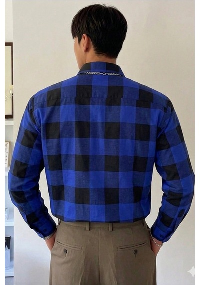 Erkek Ekose-kareli Gömlek Slim Fit Pamuk Karışımlı Klasik Tarz Uzun Kollu Gömlek Lacivert