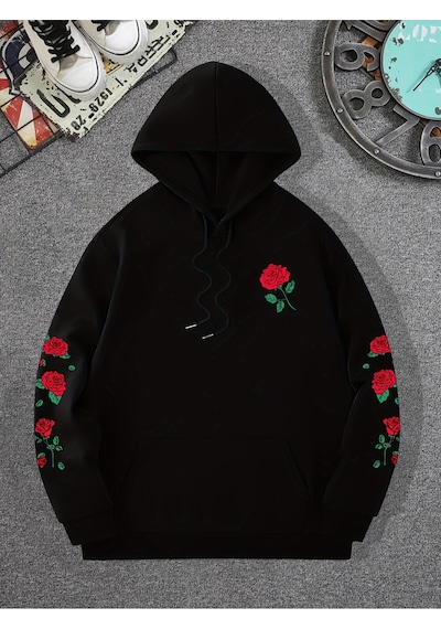 Startmore Startmorekırmızı Gül Baskılı Hoodies Rahat Sokak Kadın Tişörtü Rahat Polar Yumuşak Kazak Clothes Gevşe siyah