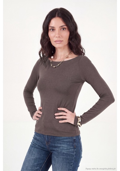 Lela Kayık Yaka Basic Uzun Kollu Bluz Kadın Bluz 5867061 Kahve