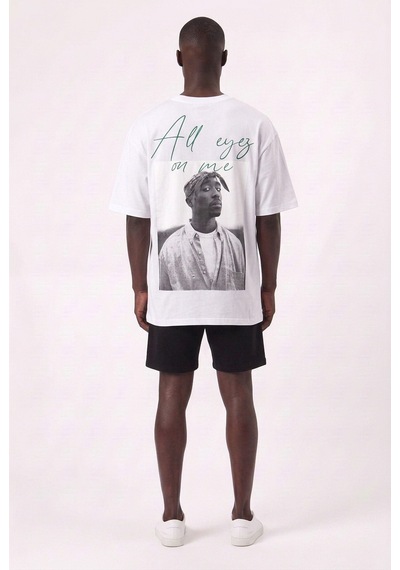 Blow Up On Me Sırt 2 Pac Baskılı Beyaz Oversize Erkek T-shirt 11236 SİYAH