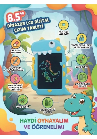 Dinazor Lcd Dijital 8.5 İnç Gelişime Yardımcı Kilitlenebilir Kolay Yazma Oyuncak Çizim Tableti