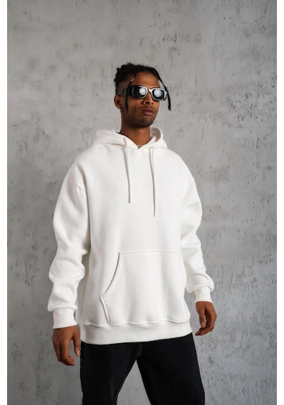 Erkek 3 İplik Pamuklu Kapüşonlu Kanguru Cepli Sweatshirt Hoodie - Beyaz