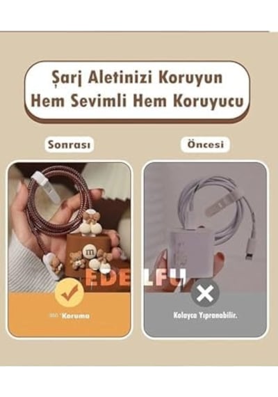 İphone 18w/20w İle Uyumlu Ayıcık Şarj Kılıfı, Şarj Kablosu Örme Aparatı, Toparlayıcı Ve Kablo Koruyucu Set Kahverengi