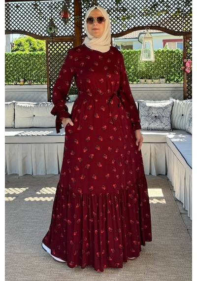 Rabia Şamlı Gül Bordo Elbise Normal