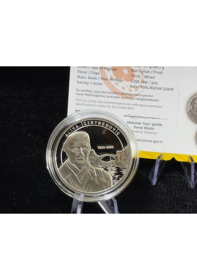 Aliya İzzetbegoviç Gümüş Sikkesi Darphane, 925 Ayar, Proof Hatıra Para