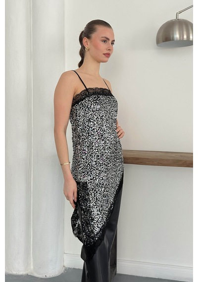 Verymoda Dantel Detaylı Askılı Pullu Asimetrik Tunik - D2934 Gümüş