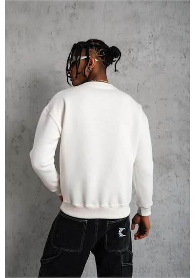 Erkek Düz Bisiklet Yaka 3 İplik Pamuklu Sweatshirt - Beyaz