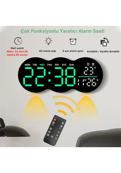 Etashop Uzaktan Kumandalı Bulut Led Duvar Saati Ortam Işıklı Büyük Dijital Ekran Çift Alarm Sıcaklık Siyah
