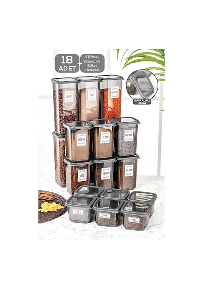 Meleni Home 18'li Multi Set Elisa Etiketli Kare Erzak Saklama Kabı Seti Antrasit 6x 0,50 Lt-1,10 Lt -1,70 Lt Çok Renkli