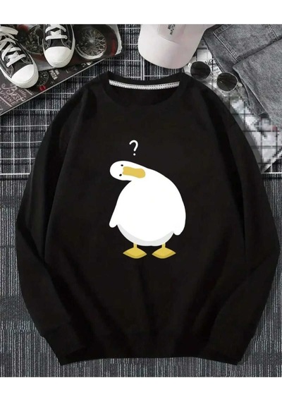Hunors Sportswear & Company Ördek Baskılı Unisex Model Pamuklu Kapüşonlu Sweatshirt SIYAH