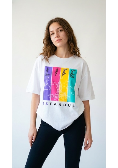 Kadın Oversize Tişört İstanbul Baskılı BEYAZ