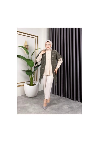 Hira Life Fashion Kadın Mevsimlik Saçaklı Ve Ajurlu Pamuk Triko Hırka Haki Haki