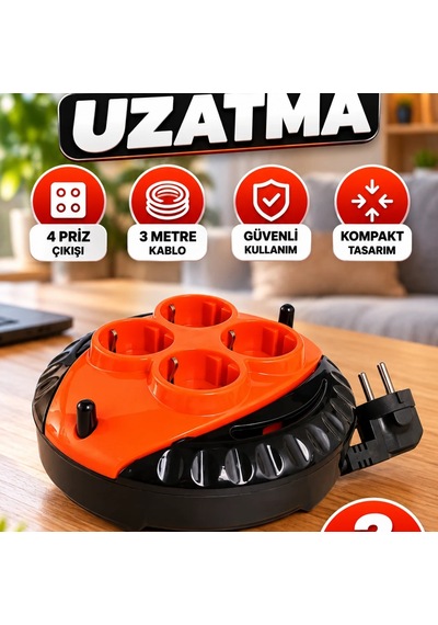 4 Lü Makaralı Uzatma Kablosu 3 Metre Kırmızı Diğer