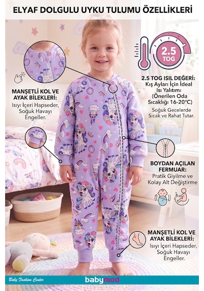 Babymod Elyaf Dolgulu 2.5 Tog 100% Pamuk Penye Astarlı Premium Kalite Kız Çocuk Uyku Tulumu Lila
