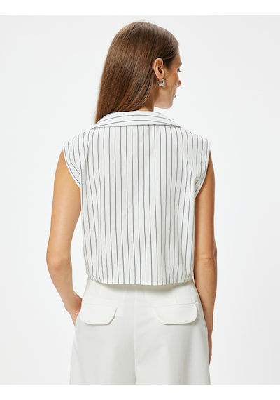 Koton Crop Kolsuz Gömlek Pamuklu Bol Kalıp Beyaz Çizgili 4sak60432pw Beyaz