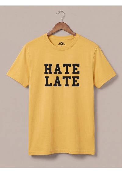 Maccali Erkek Sarı Hate Late Baskılı Bisiklet Yaka Bol Kesim Tişört