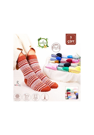Kral Socks Özel Üretim 3 Çift Kalın Kışlık %100 Yün Çizgili - Motif Desenl Asorti