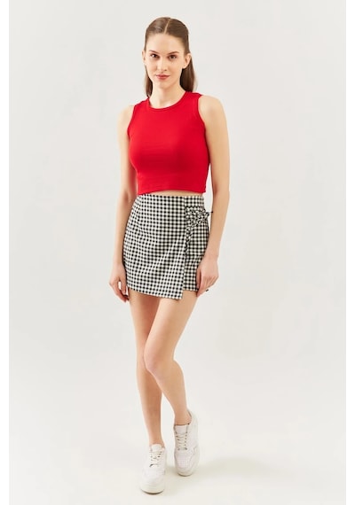 Butikgiz Kadın Sıfır Kol Bisiklet Yaka Vücuda Oturan %100 Pamuklu Kaşkorse Esnek Crop Bluz Kırmızı