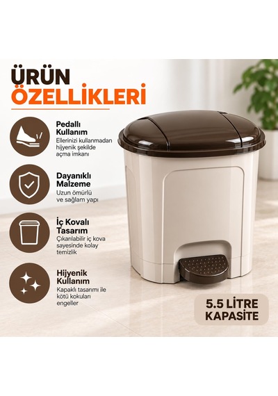 5,5 Litre Plastik Pedallı Çöp Kovası İç Hazneli İç Kovalı Kapaklı Çöp Kutusu, Pedallı Çöp Kutusu, Banyo Ofis Mutfak Çöp Kovası Sütlü Kahve