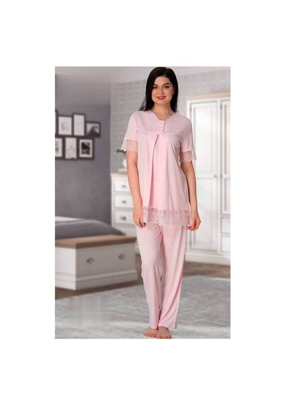 Effortt Kadın Pembe Hamile Lohusa Dantelli Pijama Takımı 5042 Pembe