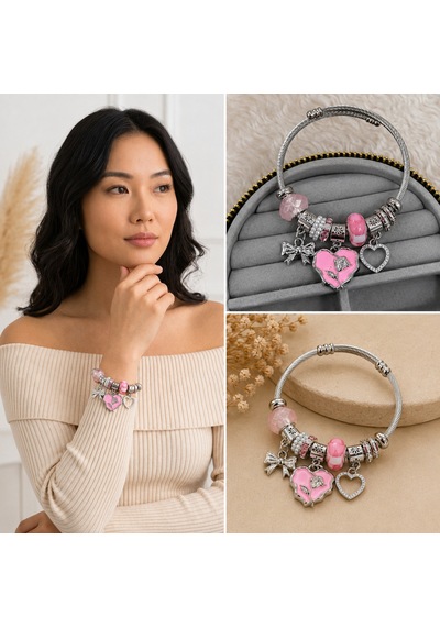 Premium Parlak Ve Şık Gümüş Renk Pembe Kalp Ve Fiyonk Figürlü Charm Kadın Bijuteri Bileklik 20cm Gümüş - Pembe
