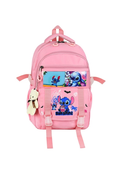 Stitch Baskılı Ortopedik Aksesuarlı Anahtarlıklı Okul Çantası Termal Beslenme Ve Kalemlikli Set Pembe