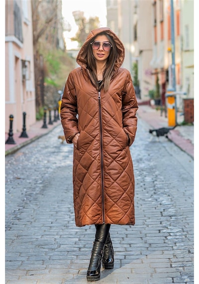 Keyifli Moda Kadın Kahverengi Kapüşonlu Baklava Desen Büyük Beden Uzun Şişme K