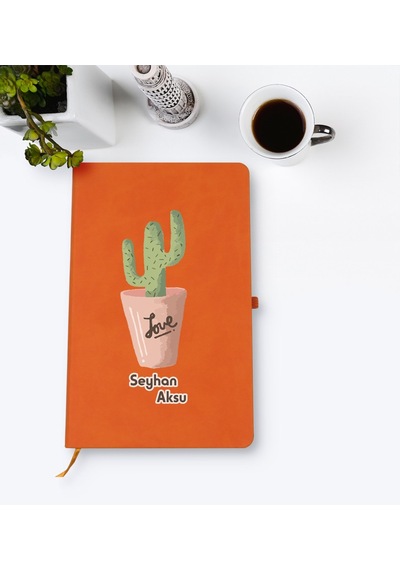 Kişiye Özel Kaktüs Tasarımlı Turuncu Termo Deri Defter Model 5