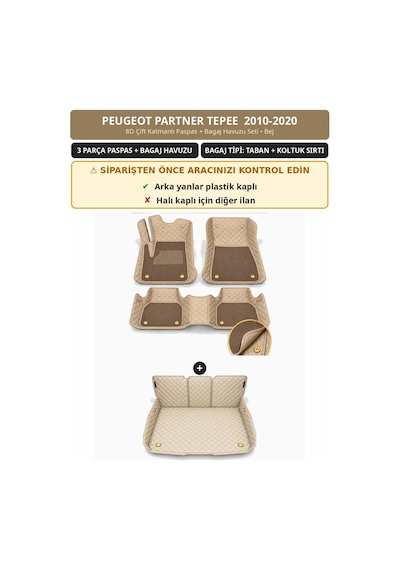 Peugeot Partner Tepee 2010-2020 Arka Yan Plastik 8d Çift Katmanlı Paspas + Bagaj Havuzu Seti Bej