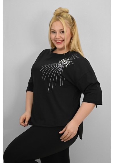 Koza Butik Kadın Büyük Beden Kısa Kollu Taş Ve İnci Baskı Detaylı Oversize T-shirt 1925-25 Saks