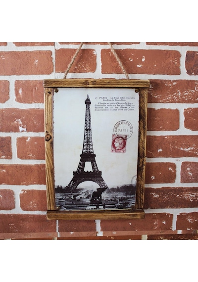 Rustik Ahşap Çerçeveli Vintage Metal Pano Paris Mail 20x30