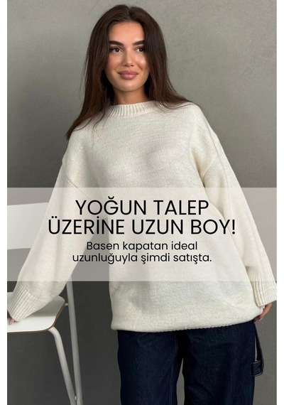 Madmext Ekru Bisiklet Yaka Oversize Uzun Kadın Triko Kazak Mg2890