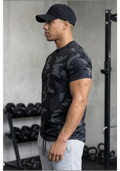 Serablanka Erkek Nem Emici Hızlı Kuruma Atletik Teknik Kamuflaj Desenli Spor T-shirt Lacivert