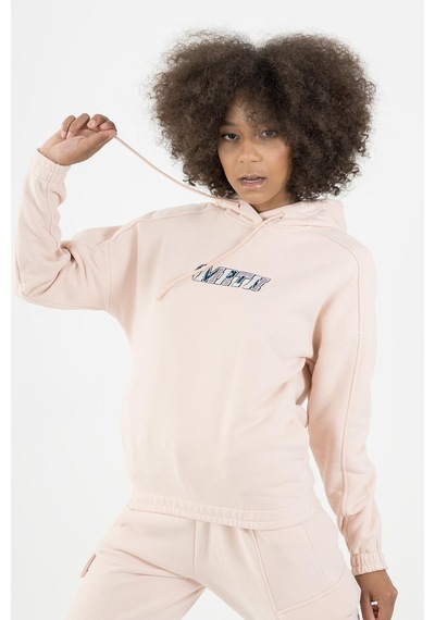 Maraton Sportswear Comfort Kadın Kapşonlu Uzun Kol Basic Pudra Sweatshirt 22973-pudra