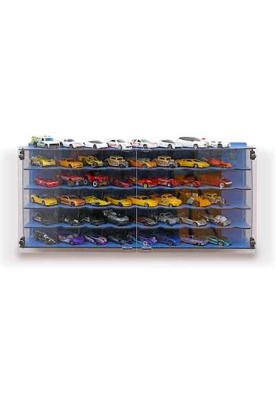 Pleksi Kapak 48 Araçlık 1/64 Hotwheels, Matchbox Uyumlu Hobi Oyuncak Araba Rafı Koleksiyon Model Araba Garajı Mavi