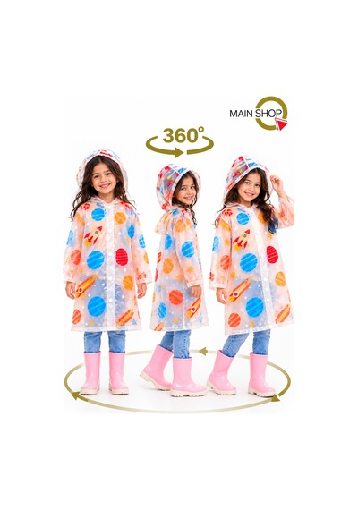 Mainshop 6-7 Ve 8-9 Yaş Çocuk Yağmurluk Kapüşonlu Su Geçirmez Şeffaf Desenli Çok Renkli