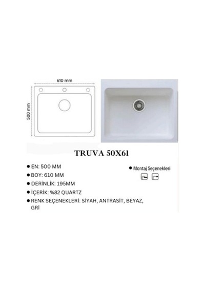 Granit Evye Truva Series Gri Renk En:500mm Boy :610 Mm Derinlik :195 Mm