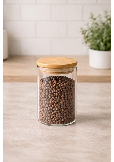 Nokka Cam Baharat Kavanozu Bambu Kapaklı 200 Ml 6,5x8 Cm Minimal Mutfak Saklama Kabı Şeffaf