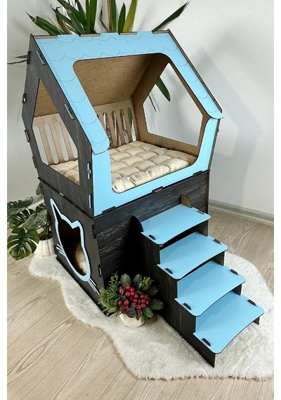 Mavitrend Ahşap Büyük Kedi Evi Xxl Açık Teraslı Model