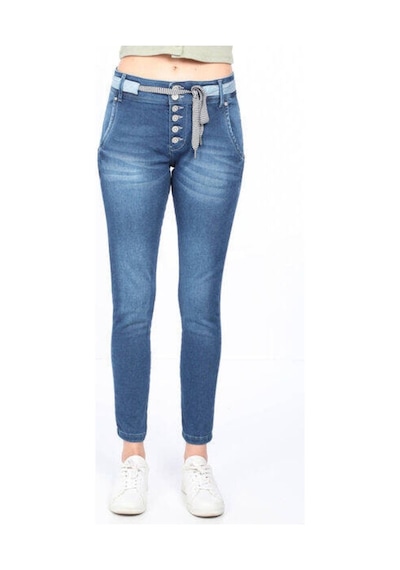 Kadın Belden Bağlamalı Jean Pantolon Mavi