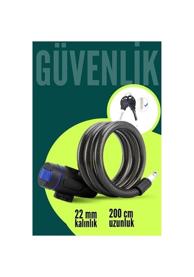 Zenvac 22mm Çelik Halatlı Bisiklet Kilidi - 200cm Anahtarlı Scoooter Motosiklet Kilidi 722487 Zenvac29