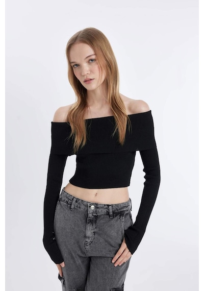 Defacto Coool Slim Fit Dar Kesim Açık Omuz Basic Düz Triko Kazak B6537AX24WNBK56 Siyah
