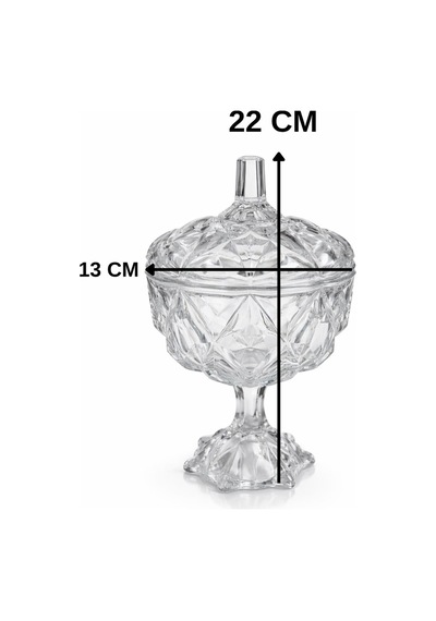 Kapaklı Cam Şekerlik Ayaklı Kristal Görünümlü Lokumluk Çikolatalık Dekoratif Sunumluk 22 Cm Şeffaf