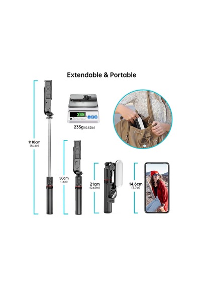 Çıkarılabilir Dolgu Işıklı Sabit Selfie Çubuğu Tripod, İphone, Samsung, Huawei, Sony Ve Diğer Akıllı Telefonlar İçin Kablosuz Uzaktan Kumandalı 360 Dönebilen Genişletilebilir Cep Telefonu Tripodu
