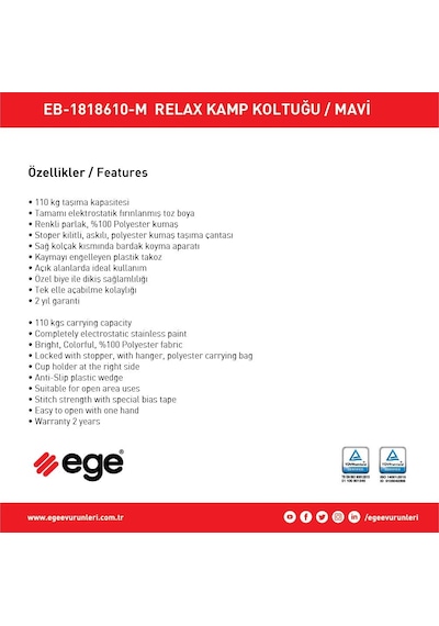 Ege Çantalı Katlanabilir Kamp Koltuğu 2'li Mavi Rejisör Sandalye Mavi