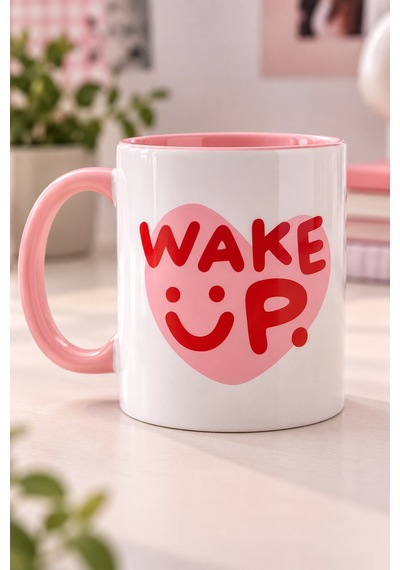 Wake Up Yazılı Baskılı Hediye Porselen Kupa Pembe