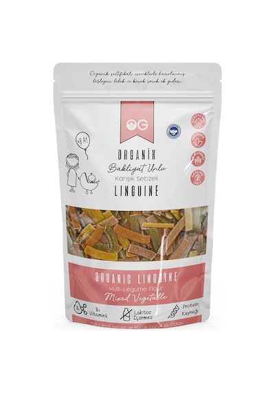 Organik Karışık Sebzeli Bakliyat Unlu Şerit Makarna Linguine 200 Gr +8 Ay