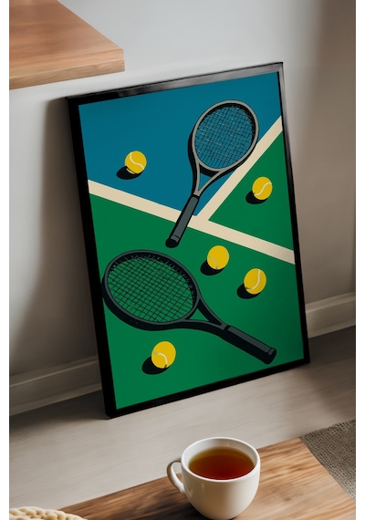 Tenis Raketleri Siyah Ahşap Çerçeveli Poster, Dekoratif Tenis Duvar Tablosu