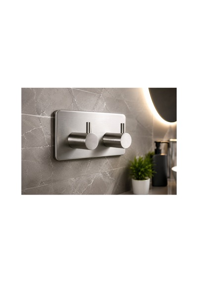 2 Adet Dikdörtgen İkili Modern Banyo Askılık 96 Mm Paslanmaz Çelik Delmeden Yapışkan Montaj Inox
